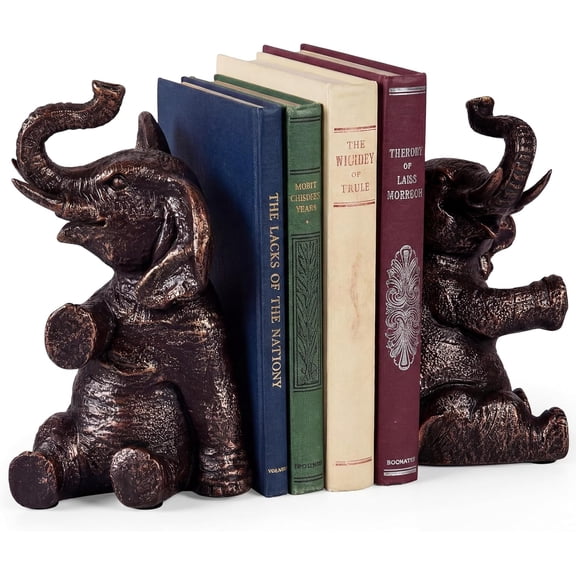 Elephant Bookends with Non-Slip Padding - Heavy Duty Book Ends for Shelves - Gold Decorative Bookend Unique - Vintage Animal Holders for Heavy Books - Living Room Bookshelf Decor - 4 x 4 x 7 Inches