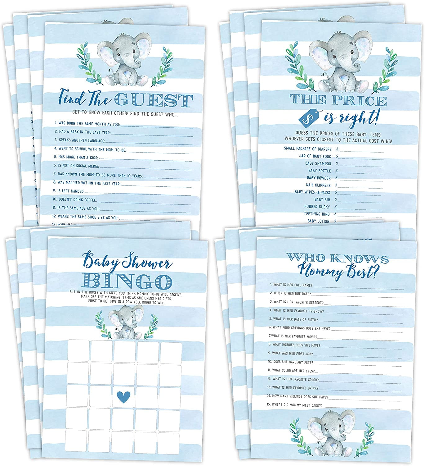 Your Main Event Prints Elephant Boy Baby Shower Games - Bingo, Find The Guest, The Price Is Right, Who Knows Mommy Best - 25 Games Each, Printed, image size:1370x1500