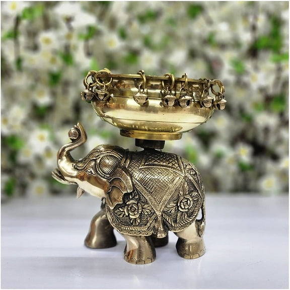 Elephant Brass Urli Bowl Urli-Floating Flowers Candle Handcrafted Urli Elephant Urli with Bell Home Decoration Indian Traditional Urli Decor Indian Urli Bowl Handmade Urli Decor - AtoZ India Cart