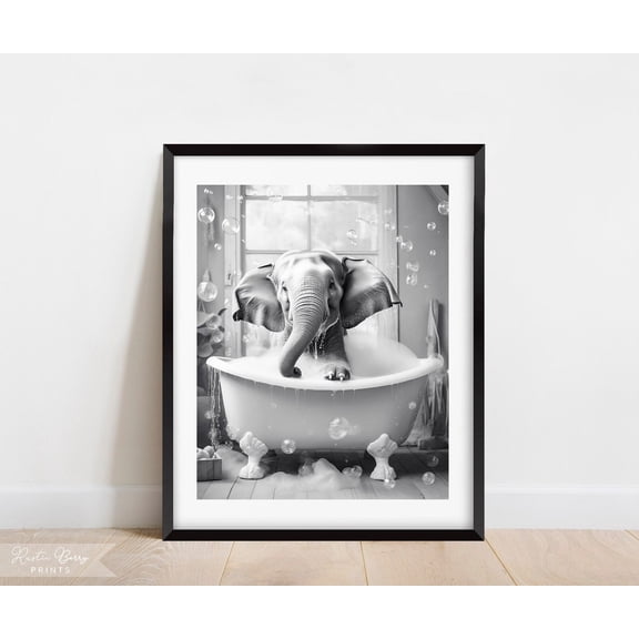 Elephant Bubble Bath Black White Restroom Sign Bathroom Poster, Unframed Poster