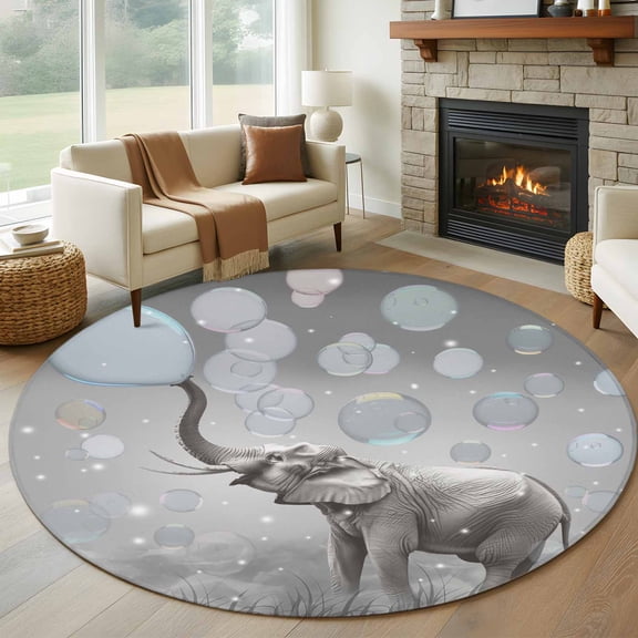 Elephant Bubbles 7ft Round Rug for Living Room Conversation Area, Vintage Abstract Elephant Blowing Bubbles Grey Washable Non Slip Large Circle Area Rug