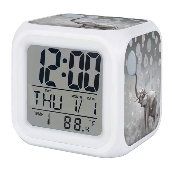 Elephant Bubbles Alarm Clock, Vintage Abstract Elephant Blowing Bubbles Grey Digital Clock Night Light with 7 Color, Calendar Temperature Display, LED Desk Small Clock for Bedrooms Living Room