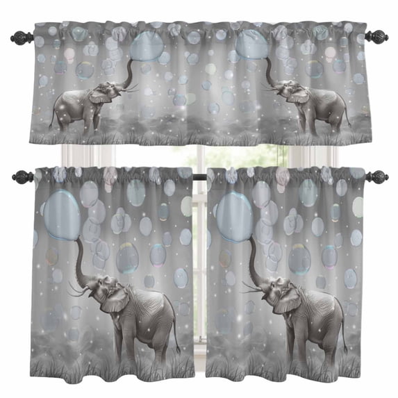 Elephant Bubbles Kitchen Curtains Valances and Tiers Set of 3 Vintage Abstract Elephant Blowing Bubbles Grey Tier Curtains and Valance with Rod Pocket for Small Windows, 27.5"x24"