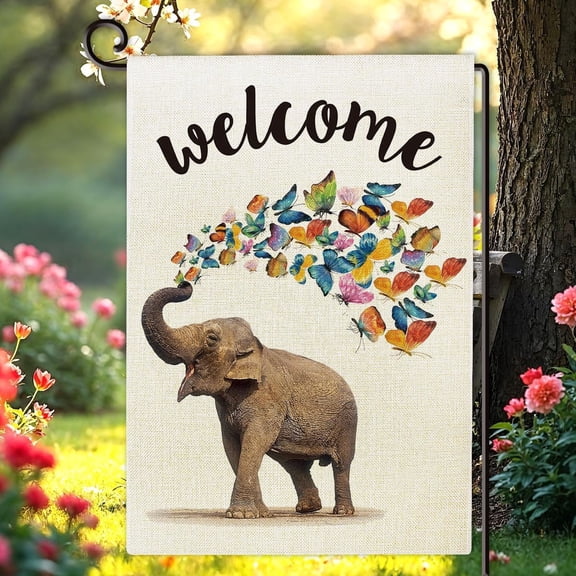 Elephant And Butterflies Garden Flag Double Sided Spring Summer Burlap House Flag Outdoor Seasonal Decoration For Yard Lawn Porch Or Patio 12 x 18 Inches