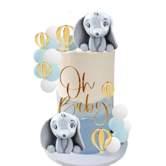 Elephant Cake Toppers, 21 pcs Elephant Cake Decorations with Mini Elephant Oh Baby Cake Topper Blue White Hot Air Balloon for Elephant Theme Birthday Party Supplies