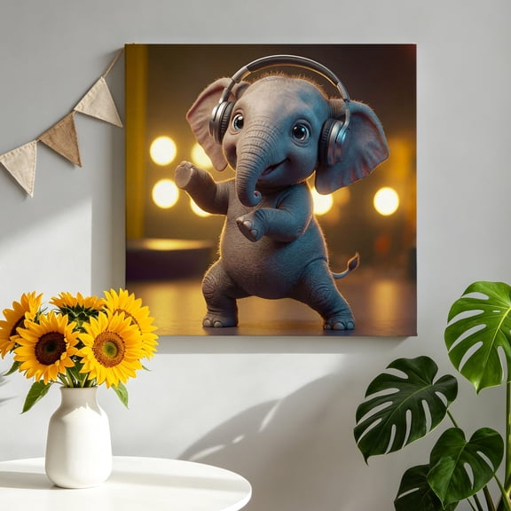 Elephant Canvas Wall Art, Abstract Headphone Elephant Shiny Light Background Framed Canvas Wall Decor Picture Print Artwork Decorations for Living Room Office Ready to Hang 8" x 8"