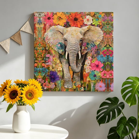 Elephant Canvas Wall Art, Animal Floral Garden Oil Paint Style Pictures Wall Decor Wooden Framed Artwork Art Prints for Living Room Hallway Bedroom Office 8"x8"