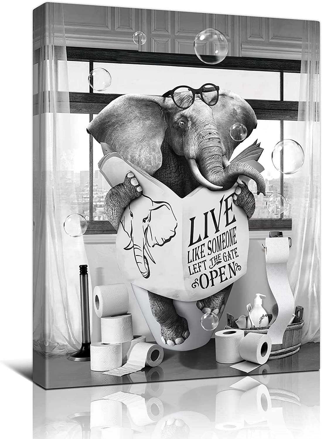 Elephant Canvas Wall Art Funny Animal Canvas Black And White Bathroom ...