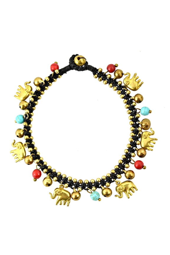 Elephant Caravan With Natural Stone Beads Fashion Brass Beads and Jingle Bell Link Anklet
