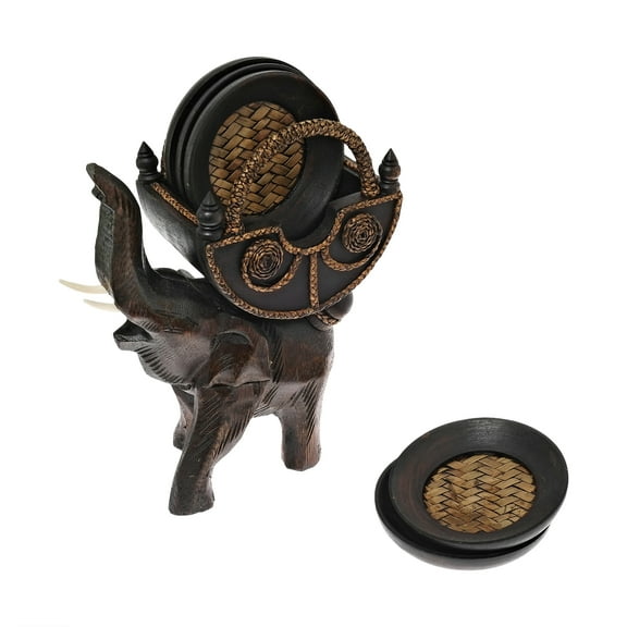 Elephant Carriage Coaster Set with Holder Carved Rain Tree Wood