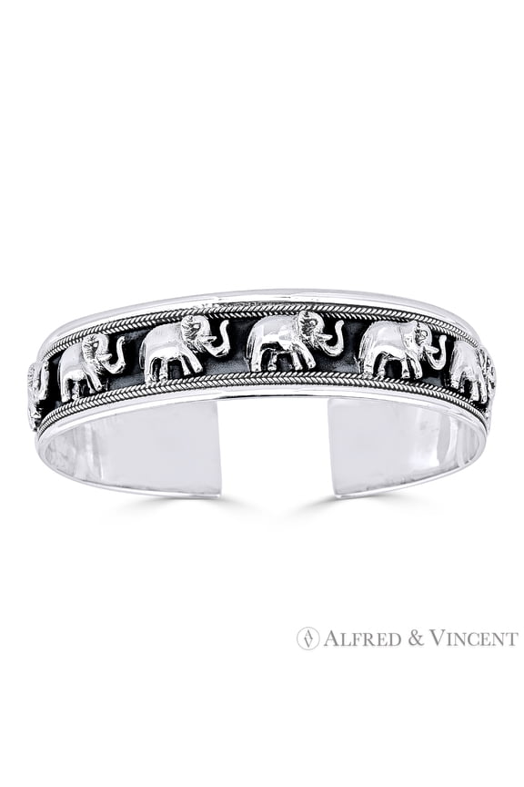 Elephant Charm Open Cuff Adjustable Bangle in Solid .925 Sterling Silver
