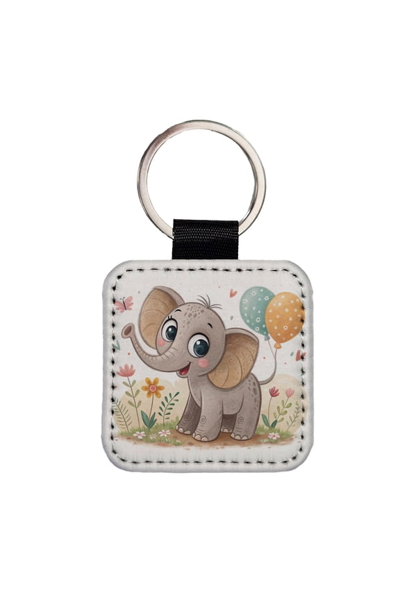Elephant Children's Illustration Style Faux Leather Square Keychain