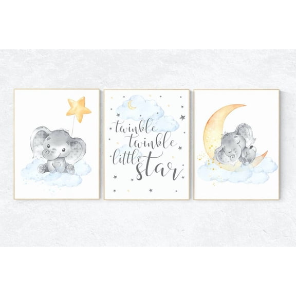 Elephant Cloud and Star Nursery Poster Neutral Baby Room Decor with Twinkle Twinkle Little Star Theme Set 3