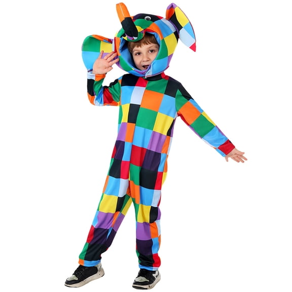 Elephant Costume Colorful Checkered Patchwork Jumpsuit with Hood Halloween Dress Up Book Character Outfit for Themed Party Stage Performance Rainbow Animal