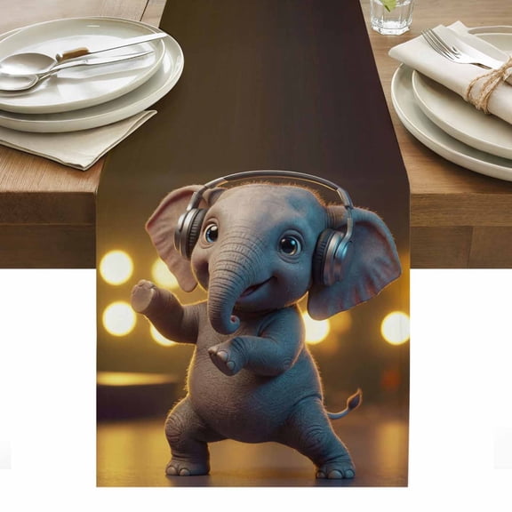 Elephant Cotton Linen Table Runner Abstract Headphone Elephant Shiny Light Background Dining Table Runners for Home Decor Party Dining Room Restaurant Kitchen Party 13" x 48"