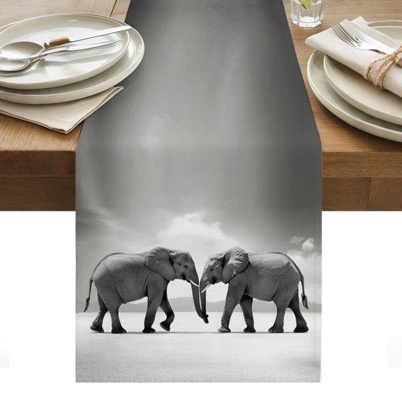 Elephant Cotton Linen Table Runner Gray Gradient Cloud Sky Animal Dining Table Runners for Home Decor Party Dining Room Restaurant Kitchen Party 13" x 36"