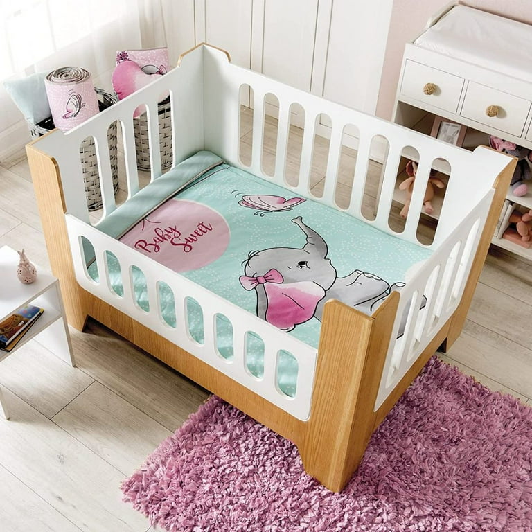 Elephant Crib Bedding Set 4 Pieces for Girls with Comforter Fitted Sheet Crib Lovely Nursery Crib Sets for Baby Butterfly