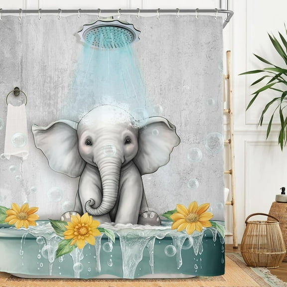 Elephant Cute Funny Shower Curtain Set 72Wx72H Inches Kids Child Sunflower Aqua Animal Hilarious Lovely Waterproof Bathroom Curtain with 12 Hooks