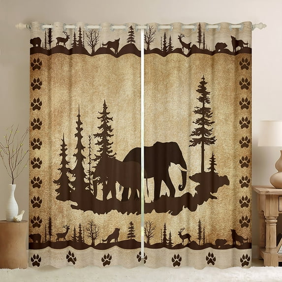 Elephant Darkening Curtains 2 Panels,(52Wx63L),Rustic Farmhouse Cabin Lodge Curtains,Safari Animals Wildlife Window Curtains,Woodland Trees Hunting Country Window Treatments,Taupe