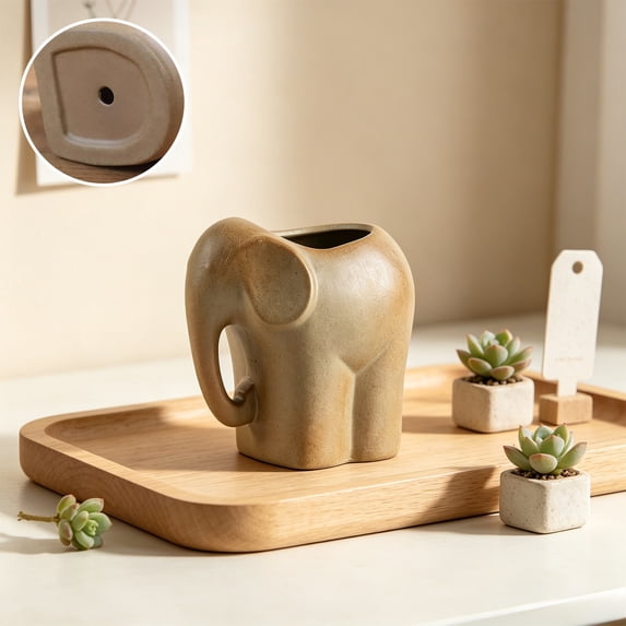 Elephant Design Ceramic Flower Pot with Drainage Hole for Small Plants Desktop Decoration Planter for Green Plants Stoneware Container Breathable Potting for Home Office Shelf Display