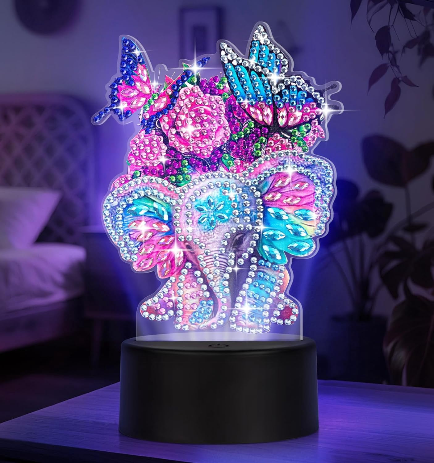 Elephant Diamond Painting Night Light, Touch Lamp Desktop Ornament for Adults Beginners, Home Bedroom Decor