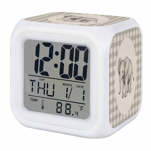 Elephant Digital Alarm Clock for Bedrooms, Smart LED Alarm Clock with 7 Color Changing Night Light, Retro Farmhouse Grey Plaid Rustic Animals Silent Wake Up Clocks for Sleep Study Cooking 3.2"x3.2"