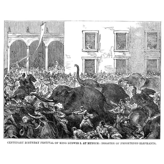 Elephant Disaster 1888. N'Centenary Birthday Festival Of King Ludwig I At Munich Disaster Of Frightened Elephants.'