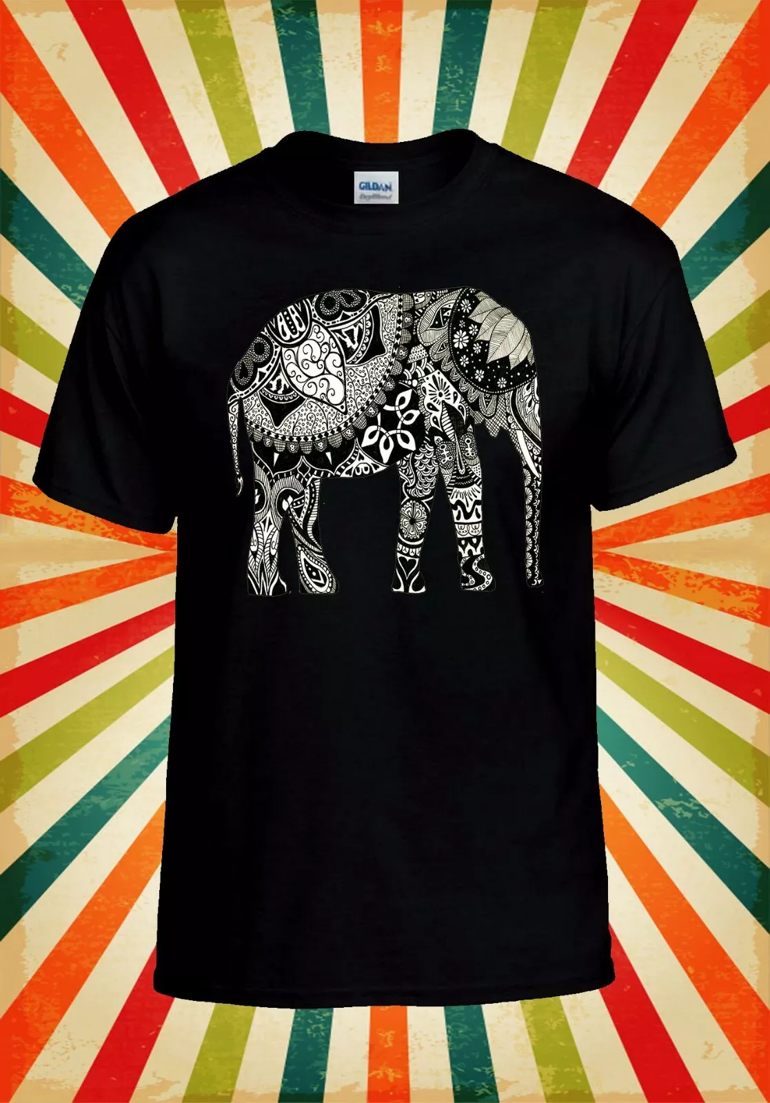 Elephant Drawing Ethnic Pattern Art Men Women Vintage Unisex T Shirt 577