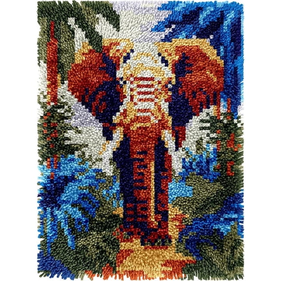 Elephant Easy DIY Latch Hook Rug Kits DIY Tapestry Crochet Hooking Mat Making Kits With Printed Pattern Canvas Needlework Kits 52x38cm n-164)