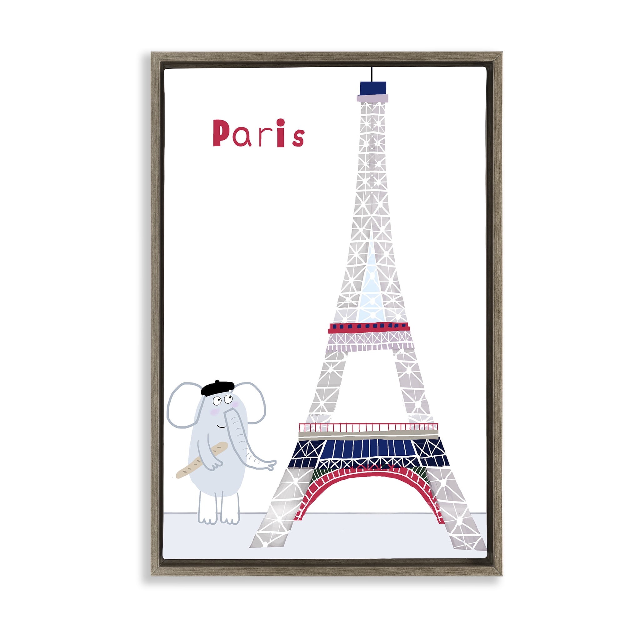 Elephant & Eiffel Tower Brown Framed Floater Canvas Wall Art, design by Carla Daly