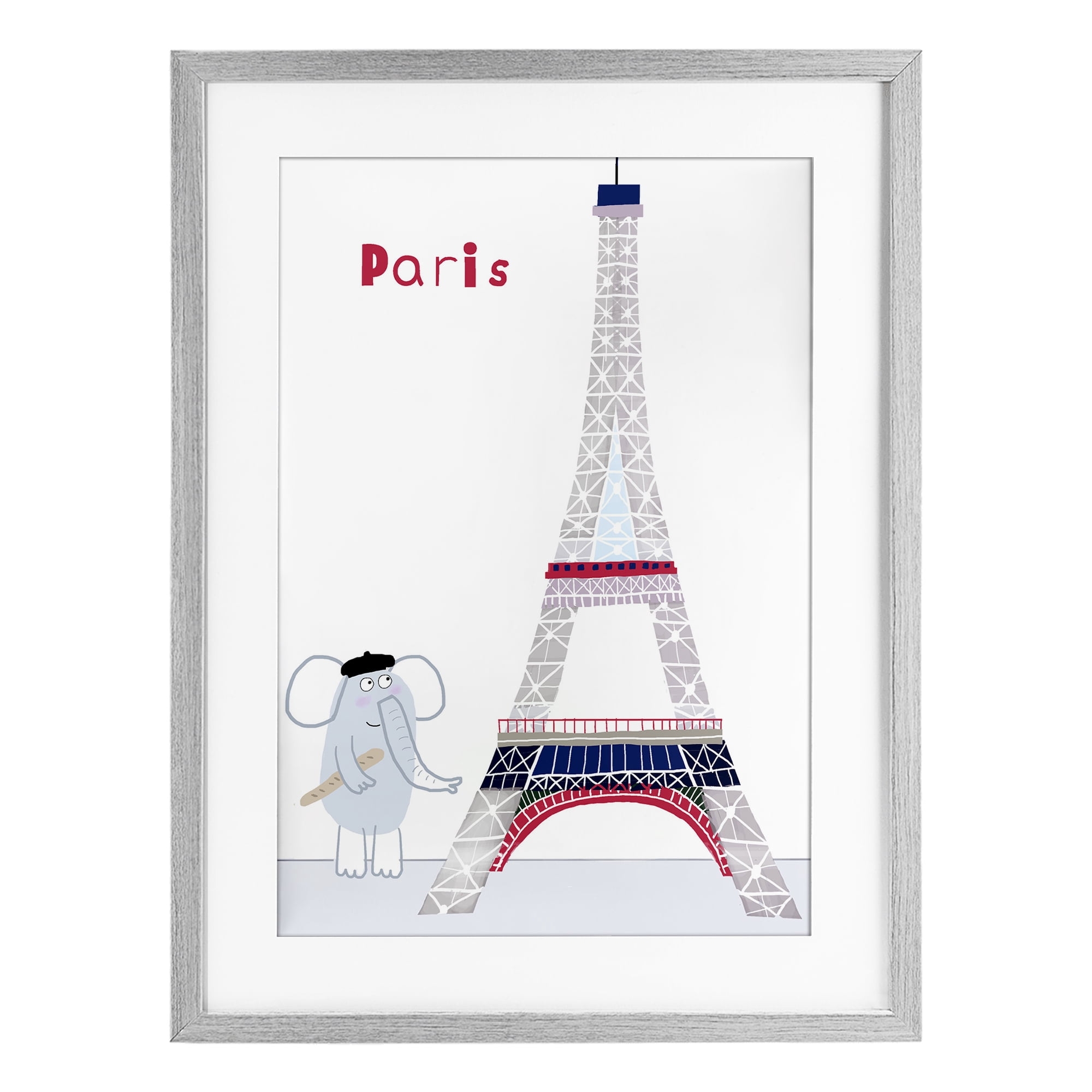 Elephant & Eiffel Tower Gray Framed Print Under Glass, design by Carla Daly
