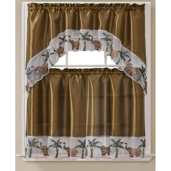 Elephant Embroidered Kitchen Curtain Set, Taupe, Swag 60x36, 30x36 Inches