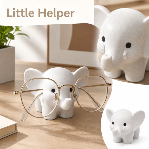 Elephant Eyeglass Holder Stand, White Speckled Decorative Glasses Organizer Figurine, 2.76 in H x 3.35 in L for Desk or Nightstand