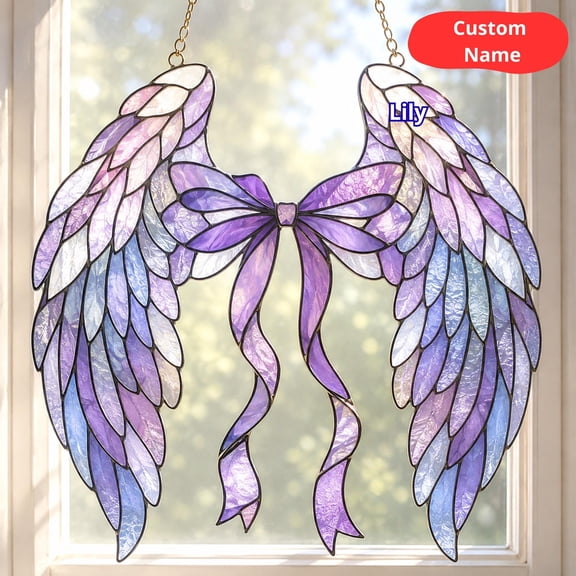Graceful Angel Wings Acrylic Suncatcher, Faux Stained Glass Window Hanging, Purple and Blue Home Decor, Divine Spirit Gift