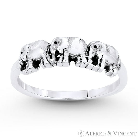 Elephant Family Animal Charm Stackable Right-Hand Ring in Oxidized .925 Sterling Silver