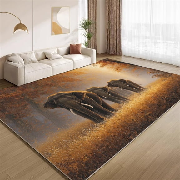 Elephant Family Area Rugs, African Wildlife Sunset Pattern Carpet, Washable Non Slip Low Pile Soft Rug for Living Room Bedroom Decor Mat 3ftx5ft