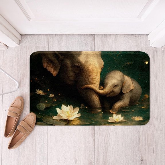 Elephant Family Bathroom Bath Rug Soft Fleece Polyester Non Slip Water Lily Flower Dark Green Indoor Doormat 16x24 Inch