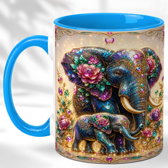 Elephant Family Coffee Mug, Floral Animal Mug, Ceramic 11 oz
