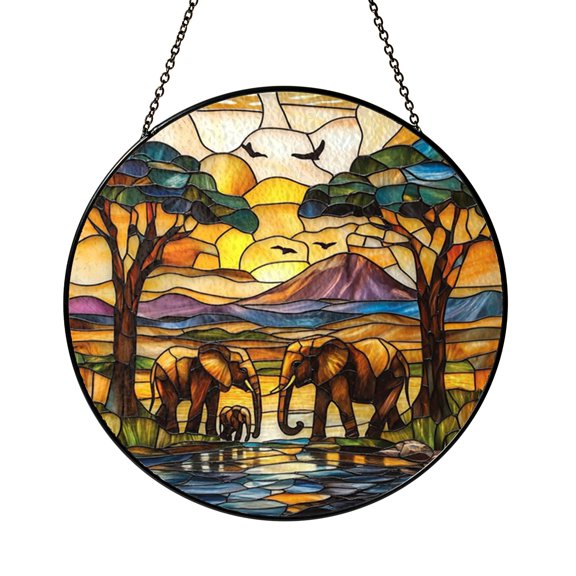 Elephant Family Glass Style Window Hanging – Safari Decor