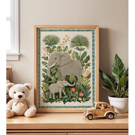 Elephant Family Nursery Art Print Jungle Floral Illustration