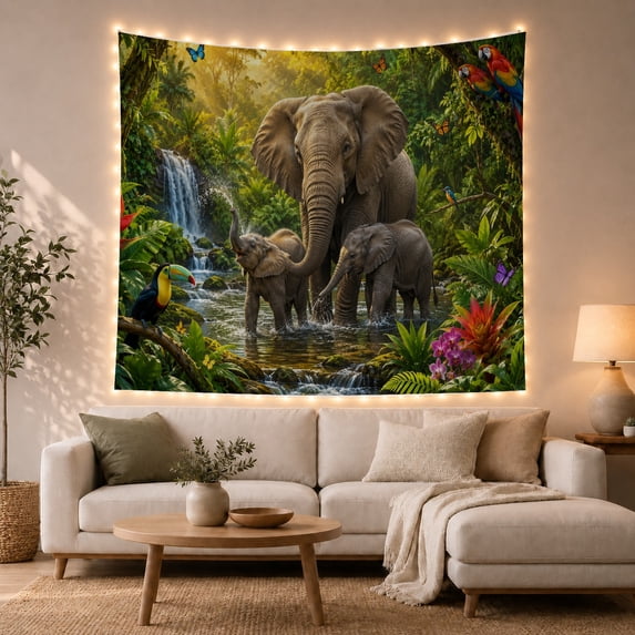Elephant Family in Rainforest River Serene Illustration for Animal Lovers Nature Wall Art Birthday Gift Tapestry Wall Hanging for Bedroom and Living Room