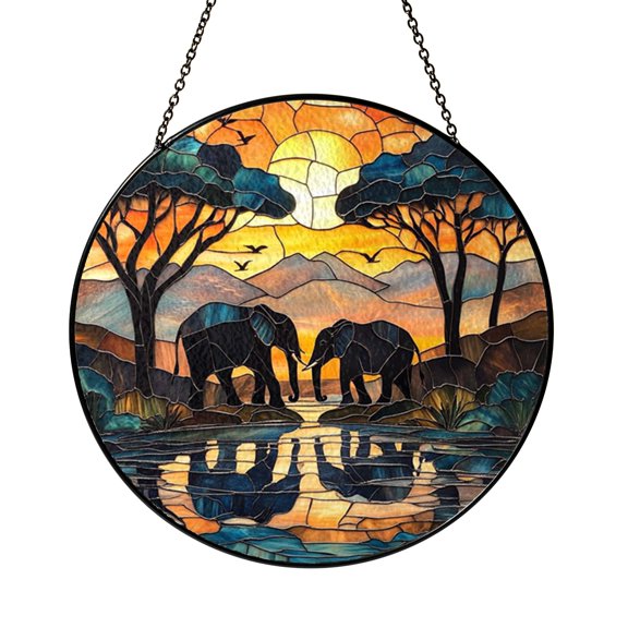 Elephant Family Safari Window Suncatcher Stained Glass Style Decor, Wildlife Animal Decorative Panel Art for Window Decoration Nature Inspired Home Decor