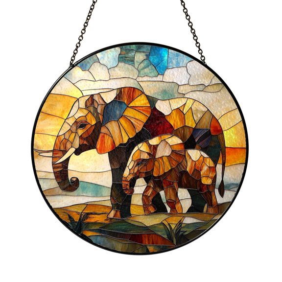 Elephant Family Stained Glass Style Suncatcher – Safari Window Decor