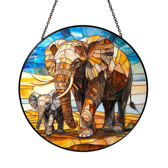 Elephant Family Stained Glass Suncatcher – Safari Window Hanging Decor