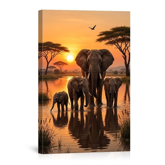 Elephant Family Sunset Africa Savannah Landscape Reflection Animal Art Home Canvas