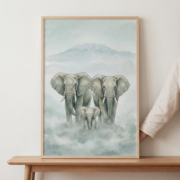 Elephant Family Wall Art Safari Nursery Decor African Savanna Animal Print Unframed Paper Print