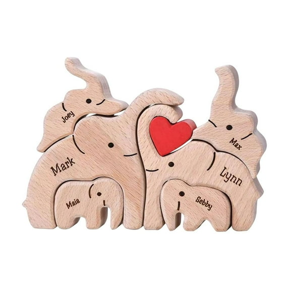 Elephant Family Wooden Sculpture Decorative Craft - Handcrafted Wood Carving With Heart Accent, Personalized Engraving, Natural Wood Finish - For Living Room, Desktop, Home Decor