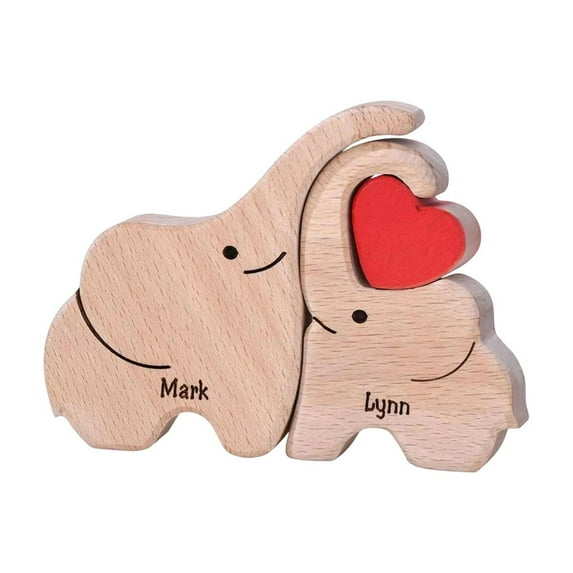 Elephant Family Wooden Statue Craft Decor Wood Carving - Handcrafted Design With Heart Accent, Personalized Names (Mark, Lyla) - For Living Room Table, Home Decor Enthusiasts,