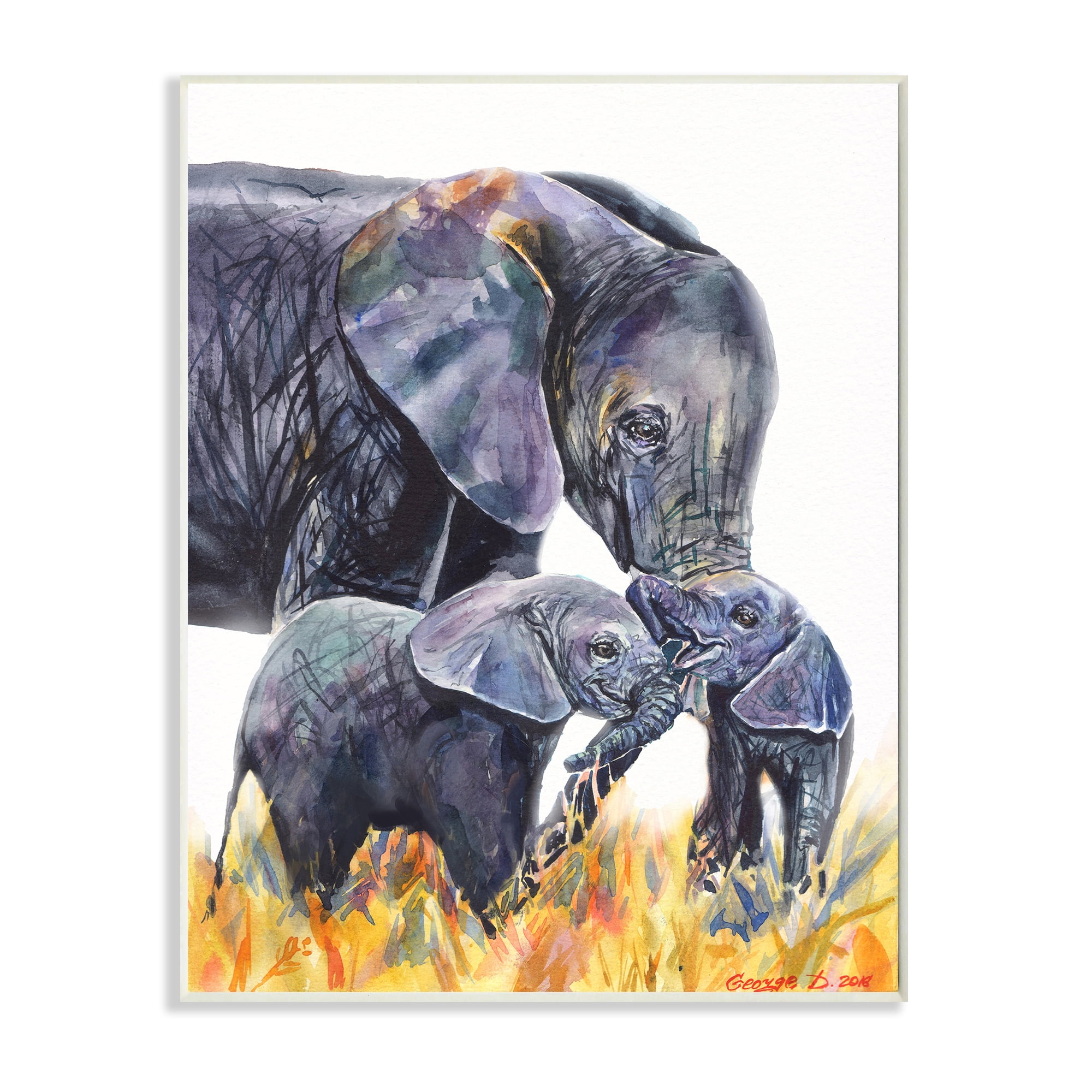 Stupell Industries Elephant Family in Tall Yellow Grass Safari Animals Wall Plaque, 13 x 19, Design by George Dyachenko