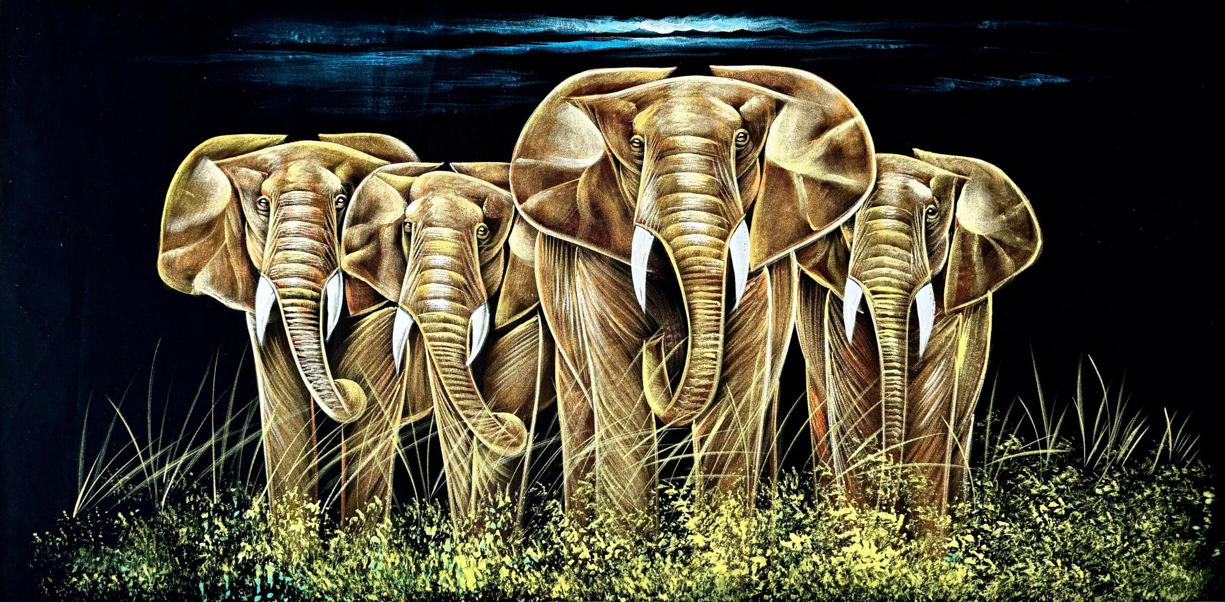Elephant Family in the Wild Handmade Velvet Painting (122x60 cm) | Fabric Painting | Big Wall Art | Home Decor